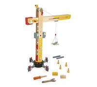 Janod - Grúa Grande de Madera 74 cm - Juguete de Imitación - Juego de Construcción - Rotación 360° y Móvil - 12 Accesorios - Certificado FSC - A partir de 3 Años, J06468