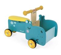 Janod - Hippopotamus Wooden Ride-On for Children - Ergonomic Handles and Silent Wheels - Storage Compartment - Learning Balance - For children from the Age of 1, J08003, Blue and Yellow