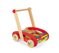 Janod - J05379 - Andador ABC Buggy Tatoo de madera de color rojo con 30 bloques incluidos para niños a partir de 1 año