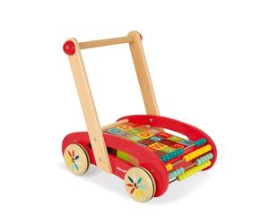 Janod - J05379 - Andador ABC Buggy Tatoo de madera de color rojo con 30 bloques incluidos para niños a partir de 1 año
