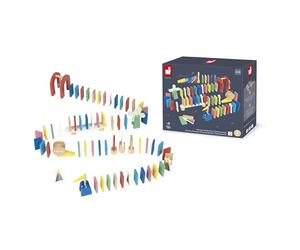 Janod - Juego de dominó - Creación de circuitos y recorridos de dominó - Pack Completo de 100 Piezas + Accesorios - A Partir de 3 años