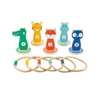 Janod - Juego de Madera Lanzar Anillas Animales - Juego de Habilidad y Puntería al Aire Libre - 5 Soportes y 5 Anillas de Cuerda - Pintura al agua - A partir de 3 Años, J07735