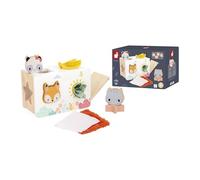 Janod - Juguete de Madera Caja de pañuelos para bebés A Partir de 12 Meses - 4 Piezas para Encajar + 4 pañuelos con Diferentes Texturas - Caja con Forma Caja para Encajar - A Partir de 12 Meses