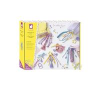 Janod - Kit creativo de joyas para bolsos - 6 accesorios para personalizar (4 joyas grandes + 2 amuletos) - Cuentas de colores, hilos de macramé, cintas - Actividad DIY a partir de 7 años -Caja regalo