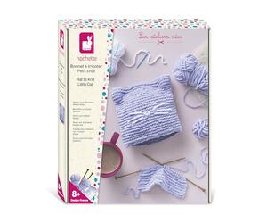Janod - Kit Creativo para Tejer un gorrito de Gatito - Mi Primer Tejido - 4 ovillos de Lana Chenilla + Agujas - Actividad DIY para Principiantes - A Partir de 8 años