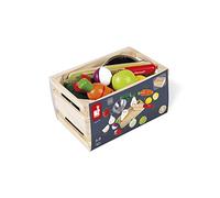 Janod - Maxi Set de Frutas y Verduras Green Market - Cajón de mercado con 9 frutas y verduras para cortar con velcro - Tabla y cuchillo de madera - Colador de metal - A partir de 3 años, J06607