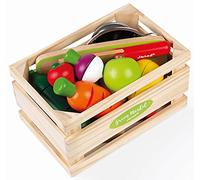 Janod - Maxi Set de Frutas y Verduras Green Market - Cajón de mercado con 9 frutas y verduras para cortar con velcro - Tabla y cuchillo de madera - Colador de metal - A partir de 3 años, J06607