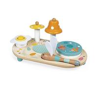 Janod - Mesa Musical de Madera Pura - Juguete Musical de Madera para el Aprendizaje Infantil - con Címbalo, Campana y Pandereta Extraíble - Pintura al Agua - A Partir de 3 años, J05164
