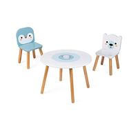 Janod - Mesa y 2 sillas de madera con forma de témpano - Mesa infantil redonda con portalápices extraíble - 1 silla con forma de oso polar y 1 silla con forma de pingüino - A Partir de 3 años, J09650