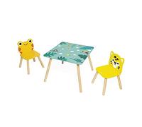 Janod - Mesa y 2 Sillas de Madera Tropik - Mobiliario para Niños - Mesa 55 x 55 cm, Silla Rana y Silla Jaguar - Pintura al Agua - A partir de 3 Años, J08273