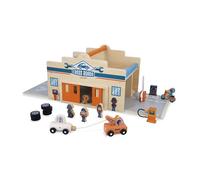 Janod - Mi Primer Garaje de Madera para niños a Partir de 2 años - 2 Niveles, Taller mecánico + Lavado de Coches - 15 Accesorios incluidos - A Partir de 2 años