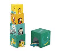 Janod - Mi Primera pirámide - Tema Animales Tropicales - Juguete de estimulación - 5 Cubos para apilar + 5 Animales de Madera - Desarrolla la destreza y la imaginación - A Partir de 12 Meses