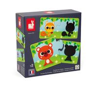 Janod - Puzzle Animales y sus Sombras - 12 Puzzles de 2 Piezas de Cartón - Juego Educativo - Motricidad Fina y Concentración - Producto FSC y Tintas Vegetales - Desde 2 años - J02701