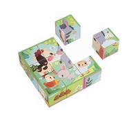 Janod Cartón para Niños y Bebés-Tema de la Granja-9 Cubos y 6 Puzzles Posibles-Juguete para los Primeros Motricidad Fina-Acuarela-A Partir de 2 años, J03329 (JURATOYS