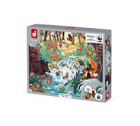 Janod - Puzzle de Caza y búsqueda - Puzzle de cartón de Animales del Bosque - 81 Piezas y 15 Monedas de Doble Cara - Tintas Verdes - Asociación WWF - Certificado FSC - De 5 a 9 años, J08628