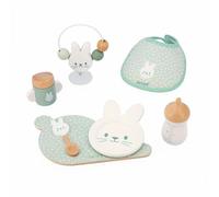 Janod- Conejo Set Comida y Babero Zen-7 Accesorios Bebé-Juego de Imitación-Juguete de Madera FSC y Tela-A Partir de 24 Meses, J06629, Color Verde, Small (JURATOYS