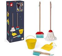 Janod - Set de Limpieza - 5 Accesorios de Madera realistas - Escoba + Fregona + Cubo + Pala + Cepillo - Juguete de imitación de Madera para niños - A Partir de 2 años, J06588