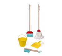 Janod - Set de limpieza - 5 accesorios de madera realistas - Escoba + Fregona + Cubo + Pala + Cepillo - Juguete de imitación de madera para niños - A partir de 2 años, J06588