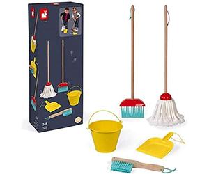 Janod - Set de Limpieza - 5 Accesorios de Madera realistas - Escoba + Fregona + Cubo + Pala + Cepillo - Juguete de imitación de Madera para niños - A Partir de 2 años, J06588