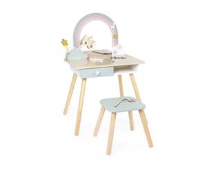 Janod Tocador Niña - Tema Unicornio - Imitación Juego - Tocador con Espejo y Taburete de Juguete - 10 Accesorios - Dim 56,6 x 42,5 x 86,25 cm - A Partir de 3 Años - J06464
