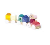 Janod - Tren de Madera para Tirar con Oveja - 2 vagones y 15 Piezas - Juguete Educativo 2 en 1 Tren y Juego de construcción - Madera FSC y Pintura al Agua - Desarrolla la motricidad Fina -12 Meses+