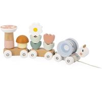 Janod Tren de Madera Caracol-2 vagones y 10 Piezas, Incluido un sonajero extraíble-Juguete didáctico para Tirar-Pintura al Agua-A Partir de 12 Meses (JURATOYS J04010)