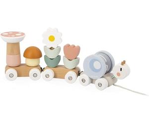 Janod Tren de Madera para Tirar del Caracol - 2 vagones y 10 Piezas, Incluido un sonajero extraíble - Juguete didáctico para Tirar - Pintura al Agua - A Partir de 12 Meses