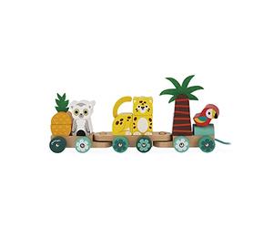 Janod - Tren Tropical de Arrastre Tropik - Juguete Madera - 11 Piezas y 3 Vagones - Juego Educativo Motricidad y Coordinación - Certificado FSC - Pintura al Agua - A Partir de 1 Año, J08272