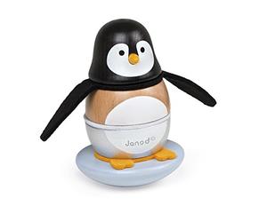 Janod - Zigolos Animal Oscilante de Madera, Pingüino (J08127) | Piezas de Madera y Fieltro para apilar, Función Culbuto, Motricidad Fina y Destreza
