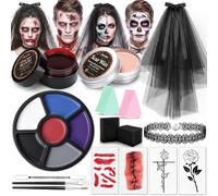 Janolia Maquillaje Halloween, Novia Terrorífica Kit Maquillaje Halloween con Pintura Facial, Sangre Falsa, Ceras Cicatrices, Velo, Collar Encaje, Halloween Makeup para Novia Vampiro Zombi Cosplay