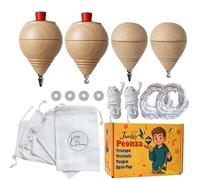 Janster Peonzas de Madera Tradicional - Lote 4 Mixto - Trompo con Cuerda, Arandela y Bolsa - Caja para Regalo | Trompa de Madera Tradicional - Trompos Clásicos