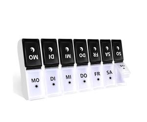 JANUIXCO Pastillero Semanal 2 Tomas - Pastillero Diario Pequeño 7 Dias - Pastillero de Viaje para Medicinas, Vitaminas, Aceite de Pescado (negro blanco)