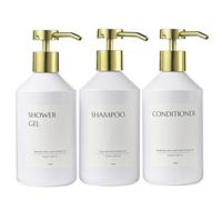 Janxin 3 pcs Dispensadores de Gel y Champu, Dispensador Gel Ducha, Plastic Bottle Dispenser, Botes Champu Rellenables Ducha, for Liquid Soap, Shampoo, Lotion (Botella Blanca + Cabeza Dorada)
