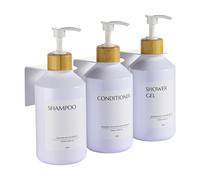Janxin 3 Pezzi Dispensador de jabón de Pared sin Taladrar, 500 ml Dispensador de Jabon Montaje en Pared con Etiquetas para Champú, Jabón de Mano (Botella Blanca + Cabeza de bambú.)