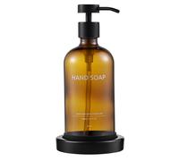 Janxin 500ml Dispensador de Jabon Baño, Dispensador de Jabon, Productos de Vidrio para Baño y Cocina, con Bandeja(Marrón + Cabeza Negra+Hand SOA)