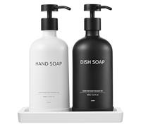 Janxin Dispensador Jabon Cristal, 500 Ml Glass Bath Soap Dispenser, Dispensadores De Gel y Champu, con Plato De Cerámica, Apto para Gel De Ducha, Champú (Botella Blanca y Negra + Cabeza Negra)