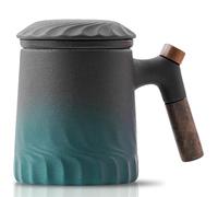 JanYoo Taza de té con tapa y colador, 300 ml, mango de palisandro de cerámica, taza de té suelta, esmalte degradado de gres para remojar té