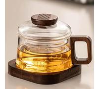 JanYoo Taza de té de cristal con tapa y colador, 200 ml, de madera de nogal, taza de té de cristal de borosilicato, taza con posavasos de madera,