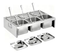JAOGAUS Contenedor de Ingredientes, 6×2L Recipientes de Acero Inoxidable con Tapas & Cucharas, Bandeja de 6 Compartimentos Estación de Toppings para Pizza, Accesorio de Pizza para Cocina & Hostelería