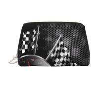 JaoXer Bolsa de maquillaje de cuero dorado, con estampado de bandera a cuadros, bolsa de cosméticos de viaje con cremallera, organizador portátil de artículos de tocador para uso diario, Dorado, One