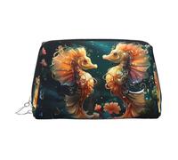 JaoXer Bolsa de maquillaje de cuero dorado - Hermosa bolsa de cosméticos de viaje con estampado de caballitos de mar con cremallera, organizador portátil de artículos de tocador para uso diario