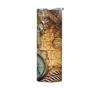 JaoXer Sin accesorios, taza de acero inoxidable con tapa, botella de agua aislada con estampado de brújula y mapa del viejo mundo, perfecta para deportes, oficina y uso doméstico