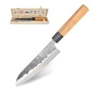 JAP F' Kraft ltd Cuchillo de Cocina 18 cm - Cuchillo Japonés hoja de acero martillado 2,5 mm - Dureza 58 HRC - Cuchillo Profesional multiusos - Mango de palisandro - Caja de regalo de madera