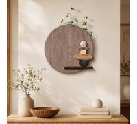 Japandi Arte de pared redondo texturizado 3D, decoración de pared de pila de piedra abstracta minimalista con tallo de planta de bricolaje, escultura de pared estética grande para sala E 40cm/15.7in