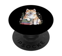 Japanese Akita Inu Bookworm Flowers Book Reading PopSockets PopGrip Adhesivo