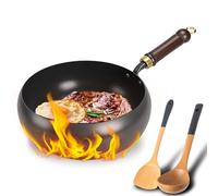 Japanese Carbon Steel Wok Pan, 10.2 Inch Stir Fry Pan with Glass Lid, Flat Bottom Wok for All Stoves, Pre-Seasoned Nonstick Iron Cookware, Rust Resistant Hand Hammered Frying Pan (Smooth-No Lid,11")