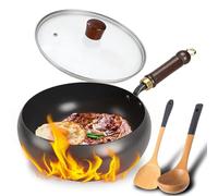 Japanese Carbon Steel Wok Pan, 10.2 Inch Stir Fry Pan with Glass Lid, Flat Bottom Wok for All Stoves, Pre-Seasoned Nonstick Iron Cookware, Rust Resistant Hand Hammered Frying Pan (Hammer-Glass Lid,9")