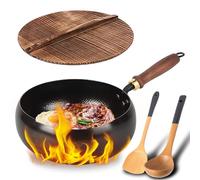 Japanese Carbon Steel Wok Pan, 10.2 Inch Stir Fry Pan with Glass Lid, Flat Bottom Wok for All Stoves, Pre-Seasoned Nonstick Iron Cookware, Rust Resistant Hand Hammered Frying Pan (Hammer-Wood Lid,9")