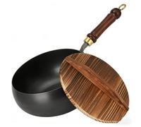 Japanese Cast Iron Pot, Multifunctional Uncoated Non-Stick Cast Iron Wok with Lid, High Purity Frying Pan for Cooking, Heavy Duty Cookware for Induction, Gas & Electric Stoves (Wooden Lid,9.45in)