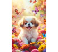 Japanese Chin Puppy in a field of colorful flowers Notebook - Large 6 x 9 inches - 127 Pages